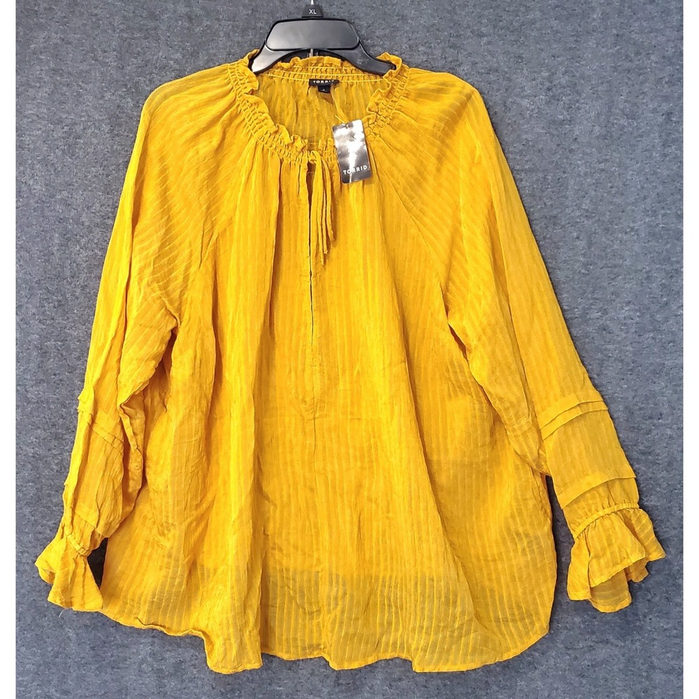 Torrid‎ Top Womens 2X (18-20) Stripe Gauze Lace Up Peasant Tunic Yellow NWT